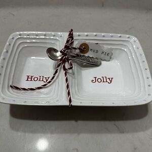 MUD PIE Christmas Holly Jolly Double Section Server With 2 Spoons  Footed NEW